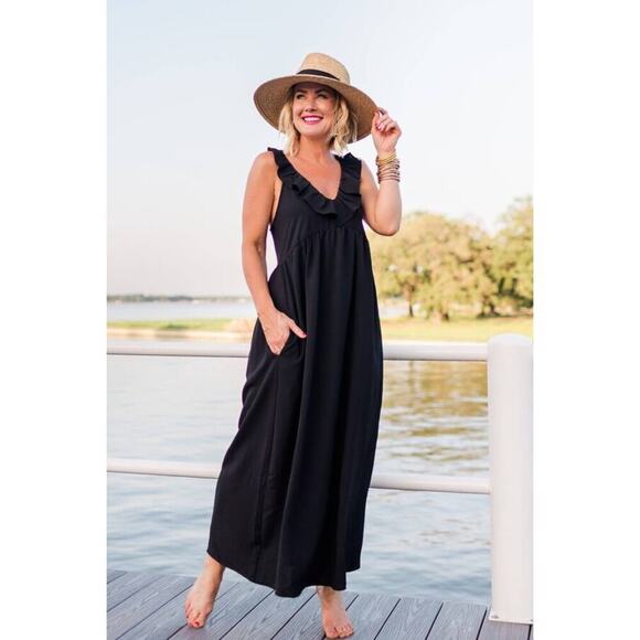 GibsonLook Summer Nights Ruffle Maxi Dress in Black Sleeveless w/ Pockets, XS - Picture 13 of 13